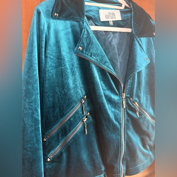 Belle by Badgley Mischka Teal Velvet Moto Jacket - Picture 4 of 9